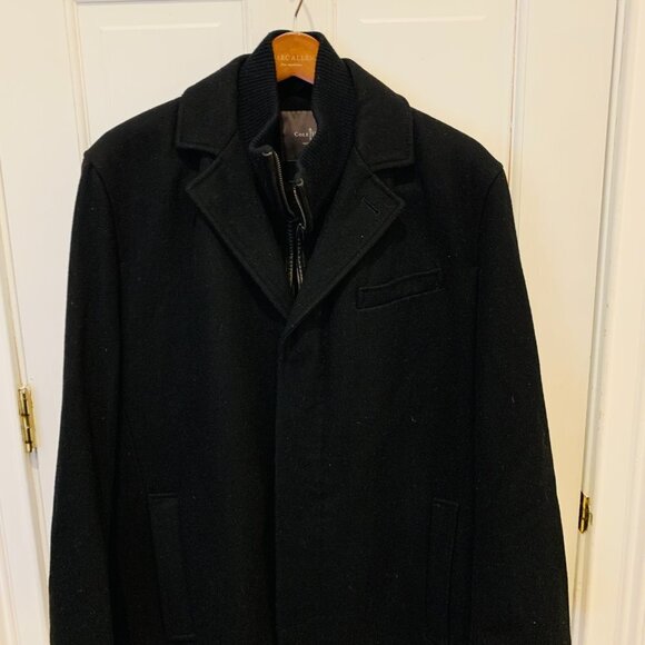 Cole Haan Men's Black Wool-blend Contrast-bib Car Coat Large - Picture 5 of 16